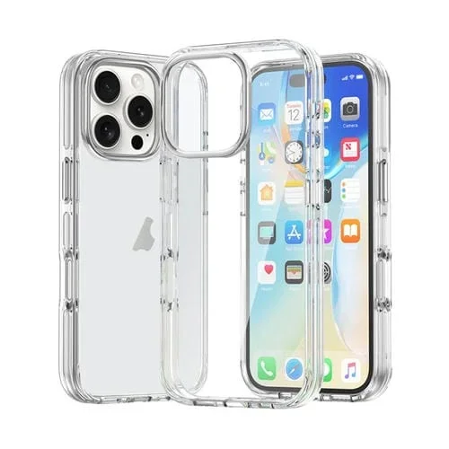Funda híbrida TPU con botones metálicos para iPhone 16 Pro Max (Transparente)