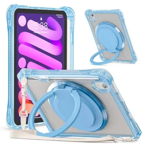 Funda híbrida TPU para iPad Mini 2024/Mini 6 con Asa de Anillo Giratorio (Azul Claro)