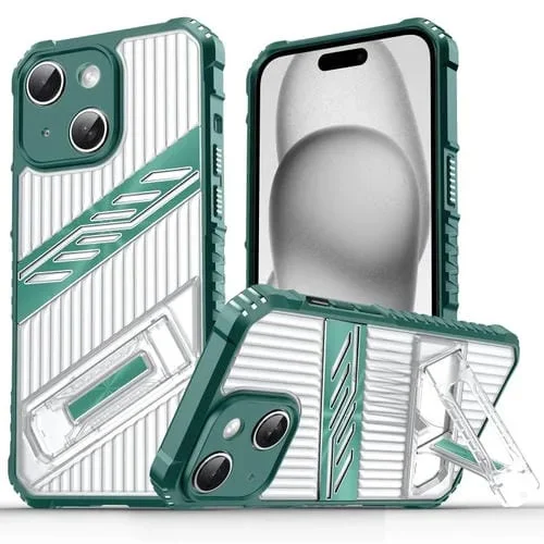 Funda híbrida TPU para iPhone 15 con soporte para PC (Verde oscuro)