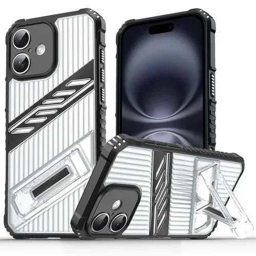 Funda híbrida TPU para iPhone 16 Plus con soporte para PC (Negro Transparente)