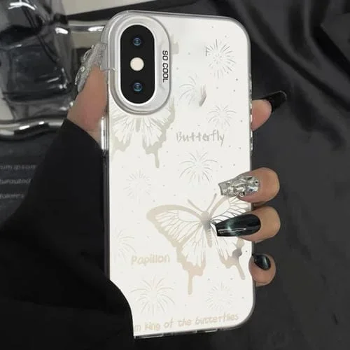 Funda híbrida TPU para PC iPhone X/Xs pintura plateada mariposa hueca blanca