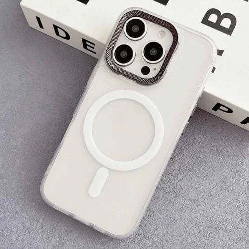 Funda Híbrida TPU y PC con Marco de Lente de Diamante para iPhone 16 Pro Max Magsafe (Blanca)