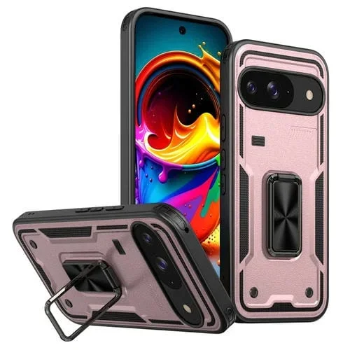 Funda híbrida TPU y PC con soporte de anillo para Google Pixel 9/9 Pro (Oro Rosa)