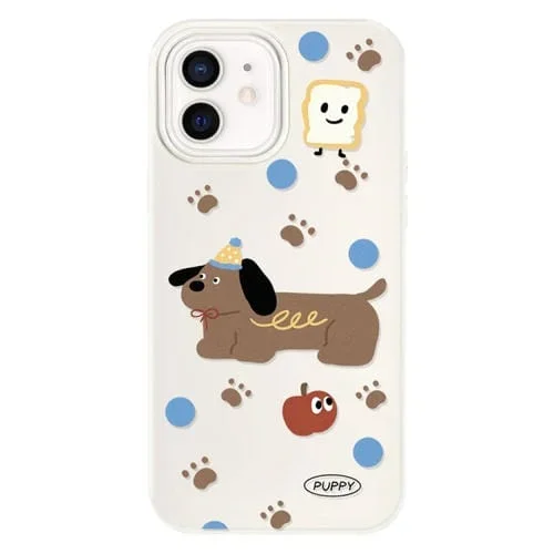 Funda híbrida TPU y PC con tacto de piel para iPhone 12 (Cachorro Marrón y Blanco)