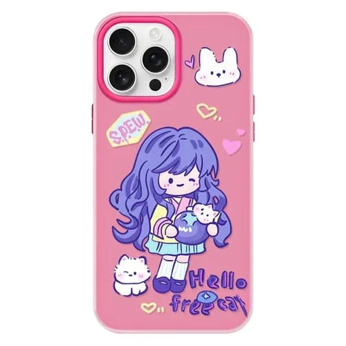 Funda híbrida TPU y PC iPhone 14 Pro Max con Tacto Sedoso (Chica de Pelo Morado, Rosa y Rojo)