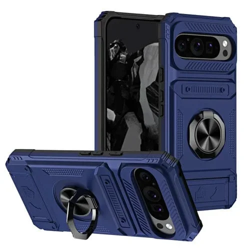 Funda híbrida TPU y PC para Google Pixel 9/9 Pro con soporte de anillo de metal (Azul)