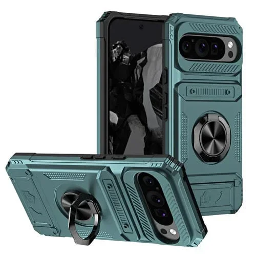 Funda híbrida TPU y PC para Google Pixel 9 Pro XL con soporte de anillo de metal (Verde)