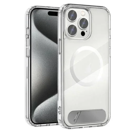 Funda híbrida TPU y PC para iPhone 15 Pro Max con Magsafe y soporte (Blanca)