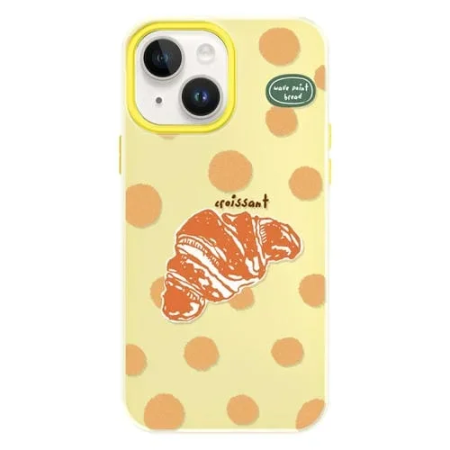 Funda híbrida TPU y policarbonato iPhone 15 Plus con tacto sedoso (Croissant de Lunares Amarillos)