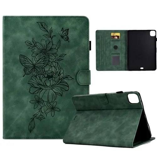 Funda Inteligente Cuero Estampado Mariposas Peonías para iPad Pro 11 (2024) (Verde)