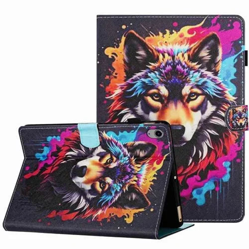 Funda inteligente de cuero con costuras y patrón pintado para iPad 2025/2022 (Lobo Colorido)