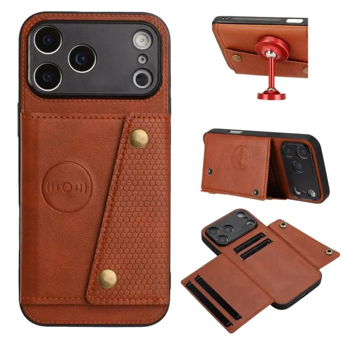Funda magnética con doble hebilla y ranuras para tarjetas para iPhone 17 Pro (marrón)