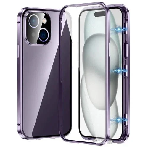 Funda Magnética para iPhone 15 Plus Vidrio Templado HD con Doble Hebilla (Púrpura)