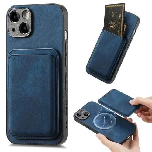 Funda Magnética para Teléfono iPhone 15 con Bolsa de Tarjeta de Cuero Retro (Azul)
