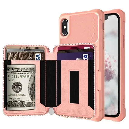Funda Monedero para iPhone Xr PU Estuche Trasero Cremallera Tarjeta (Oro Rosa)