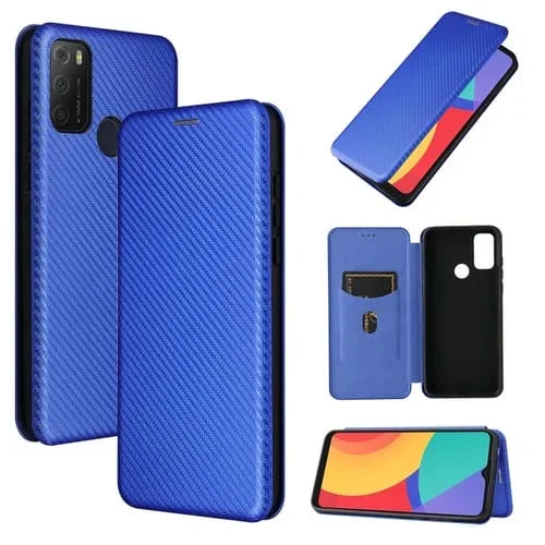 Funda para Alcatel 1S (2021) TPU + PC con Fibra de Carbono, Flip Horizontal Magnético y Ranura para Tarjeta (Azul)
