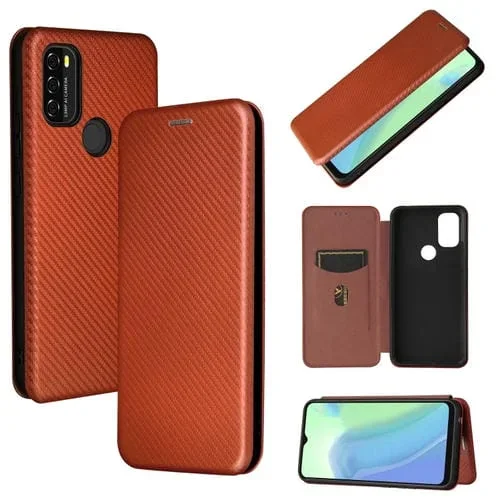 Funda para BlackView A70 (2021) Fibra de Carbono Magnético Flip TPU + PC Cuero PU con Ranura (Marrón)