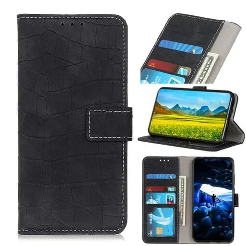 Funda para Galaxy A40 Cuero Tapa Horizontal Textura Cocodrilo Soporte Billetera Ranuras Tarjetas Marco Fotos (Negro)
