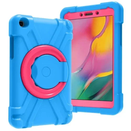 Funda para Galaxy Tab A 8.0 (2019) T290/T295 Pc + Estuche Silicona Antigolpes con Mango y Soporte Giratorio 360 (Azul + Rosa Roja)
