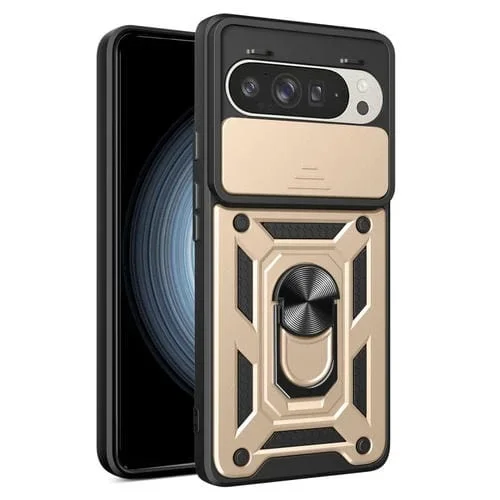 Funda para Google Pixel 9 y 9 Pro TPU+PC con Cubierta de Cámara Deslizante (Dorada)