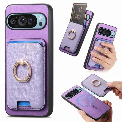 Funda para Google Pixel 9A con Ranuras para Tarjetas y Anillo de Cuero Diseño Retro Cruzado (Morado)