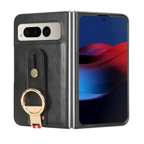 Funda Para Google Pixel Fold con Correa de Cuero y Tapa Trasera (Negro)