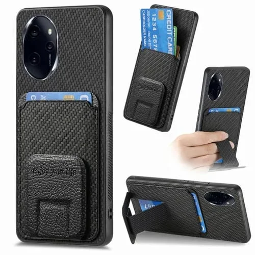 Funda para Honor 100 Pro 5G con Soporte Plegable y Bolsa para Tarjetas de Fibra de Carbono (Negro)