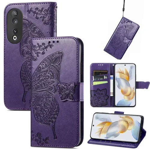 Funda para Honor 100 Pro 5G de Cuero con Relieve de Flor y Mariposa (Púrpura)