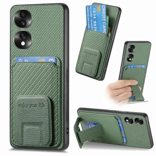 Funda para Honor 70 con Soporte Plegable y Bolsa para Tarjetas de Fibra de Carbono (Verde)