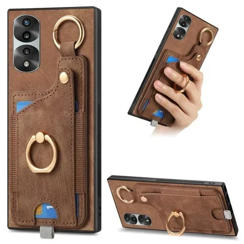 Funda para Honor 70 Pro con Bolsa para Tarjeta, Anillo y Lazo para Colgar (Marrón)
