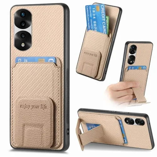 Funda para Honor 80 Pro con Soporte Plegable y Bolsa para Tarjetas de Fibra de Carbono (Caqui)
