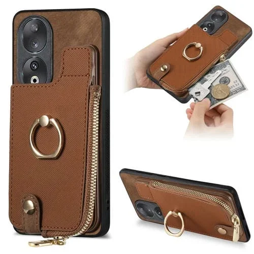 Funda para Honor 90 con Anillo de Cuero Cruzado, Cremallera Vertical y Billetera (Marrón)