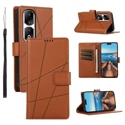 Funda para Honor 90 Pro PU con Línea en Relieve y Textura de Cuero Genuino (Marrón)