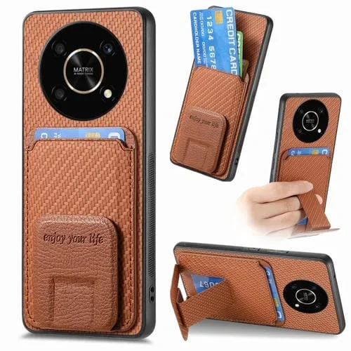 Funda para Honor Magic4 5G con Soporte Plegable y Bolsa para Tarjetas de Fibra de Carbono (Marrón)
