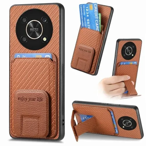 Funda para Honor X30/X9 5G/Magic4 Lite con Soporte Plegable y Bolsa Tarjetas Fibra de Carbono (Marrón)