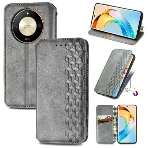 Funda para Honor X50 Cubic Grid de Cuero Magnético Prensado (Gris)
