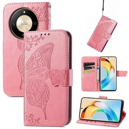 Funda para Honor X50 de Cuero con Relieve Flor de Amor y Mariposa (Rosa)