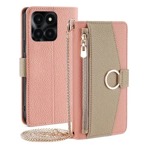 Funda para Honor X6A 4G de Cuero con Textura Litchi Cruzada (Rosa)