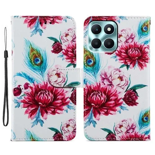 Funda para Honor X6A de Cuero con Tapa Horizontal y Patrón Pintado (Flor de Pavo Real)