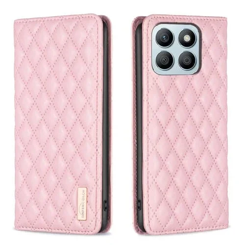 Funda para Honor X8B con Tapa de Cuero Magnético y Diseño Diamond Lattice (Rosa)
