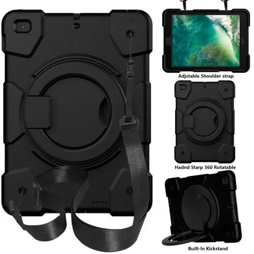Funda para iPad 9.7 2018 Silicone + PC Protección Cuerpo Completo con Soporte y Correa (Negro)