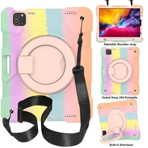 Funda para iPad Pro 11 2020/Pro 11 2018/Air 2020/Air 2022 Silicone + PC con Soporte y Correa (Oro Colorido de Rosa)