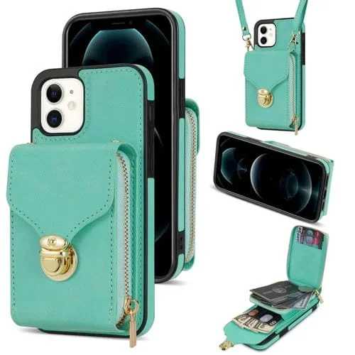 Funda para iPhone 11 con Cremallera Hardware Card Wallet Phone Case (Verde Menta)