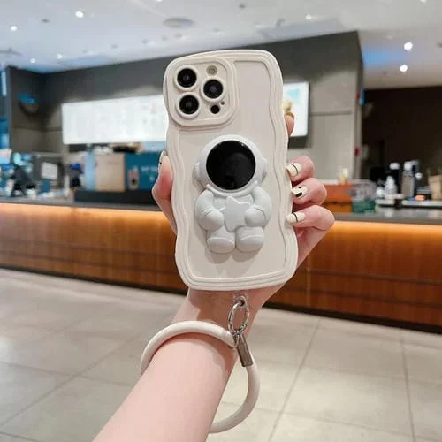 Funda para iPhone 11 Pro 3D Astronaut Holder Skin-Feel Silicona con Muñequera (Blanco)