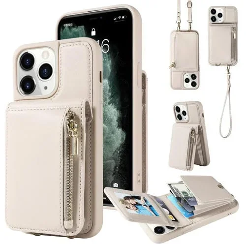 Funda para iPhone 11 Pro Crossbody Lanyard Zipper Wallet de Cuero (Beige)