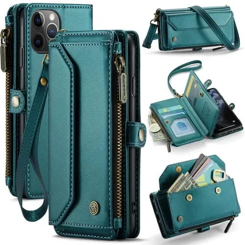 Funda para iPhone 11 Pro Max Caseme C36 Cartera con Ranuras para Tarjetas y Cremallera Antirrobo Rfid (Azul-Verde)