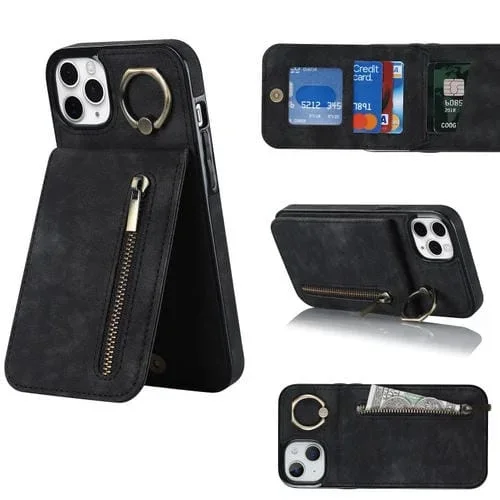 Funda para iPhone 11 Pro Max Retro Ring y Zipper Rfid Card Slot (Negro)
