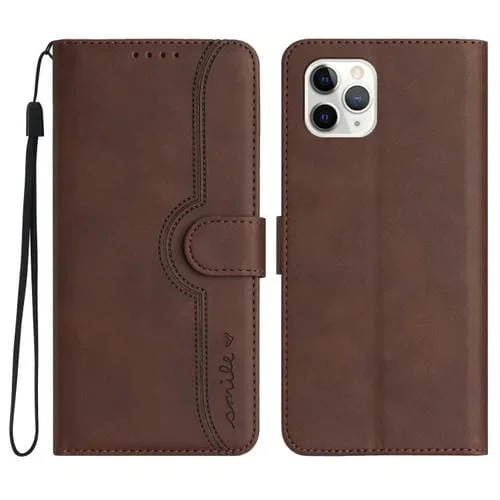 Funda para iPhone 11 Pro Max Skin Feel Leather con patrón de corazones (Marrón)