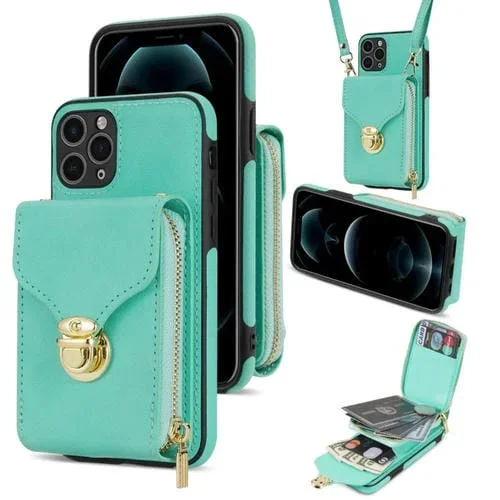 Funda para iPhone 11 Pro Max Zipper Hardware Card Wallet Phone Case (Verde Menta)