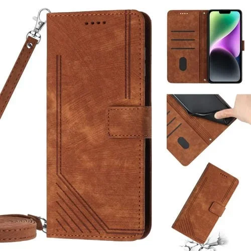 Funda para iPhone 11 Pro Skin Feel Stripe Pattern de Cuero con Cordón (Marrón)